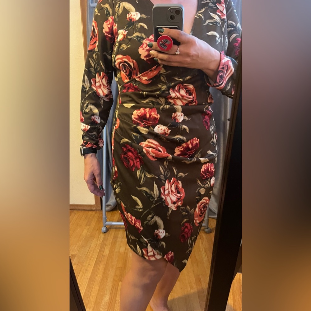 Venus floral v neck cross slit Rouched dress